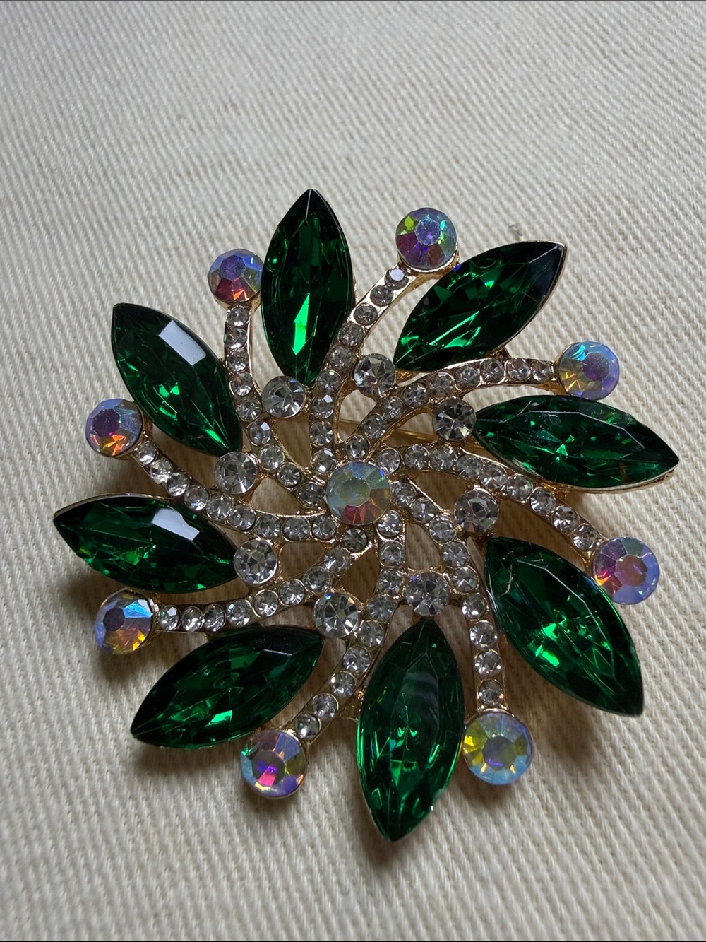 Emerald Crystal Floral Burst Brooch